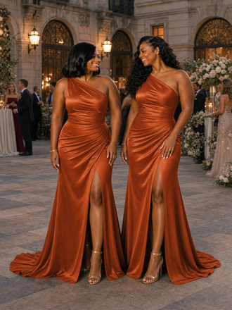 ChicSew Sexy Side Slit One Shoulder Mermaid Soft Satin Maxi Bridesmaid Dresses