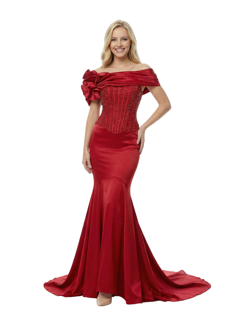 Unique Off Shoulder Boning Satin Prom Gown Mermaid Long Dress