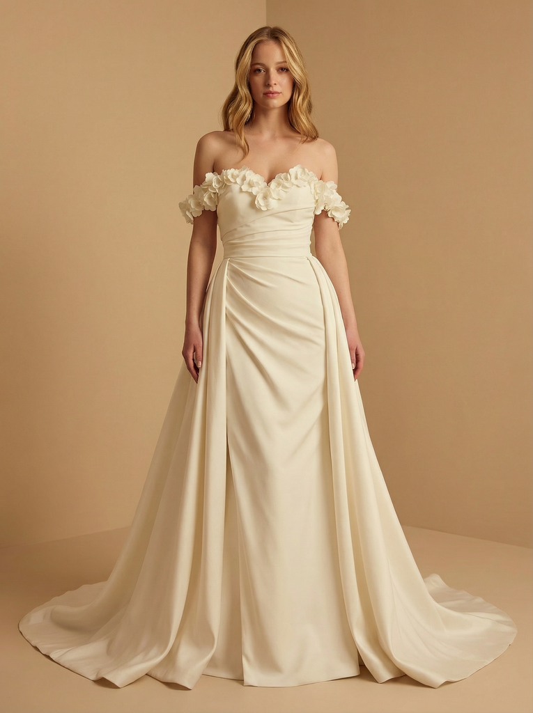 Off The Shoulder A-Line Ruched Maxi Long Satin Wedding Gowns Online