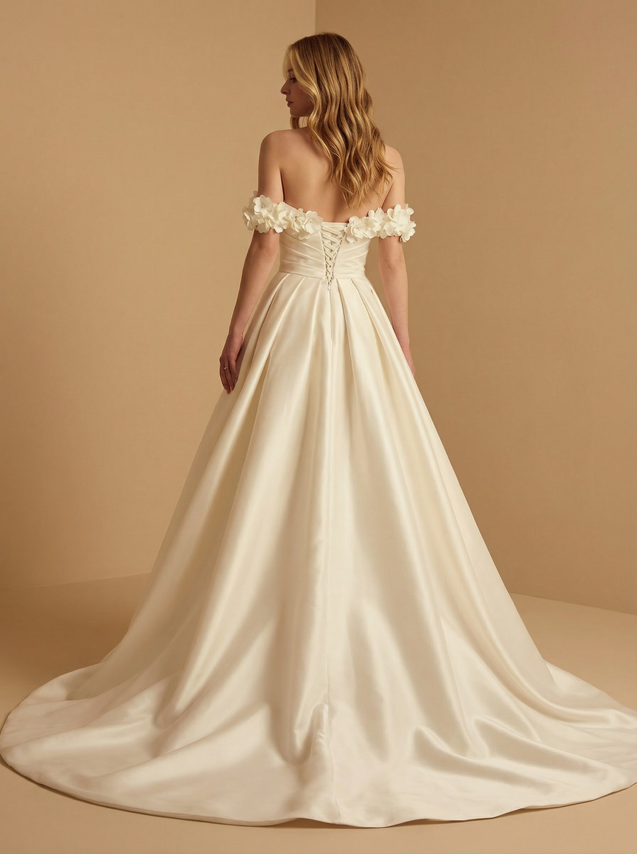 Off The Shoulder A-Line Ruched Maxi Long Satin Wedding Gowns With Detachable Skirt