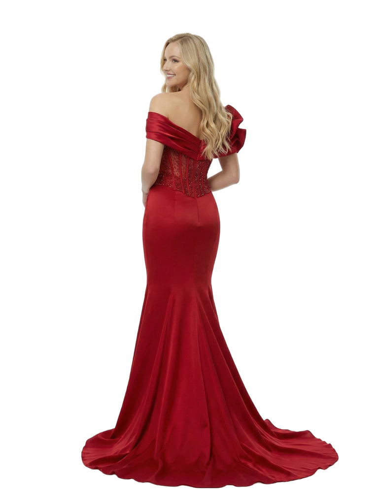 Unique Off Shoulder Boning Satin Prom Gown Mermaid Long Dress