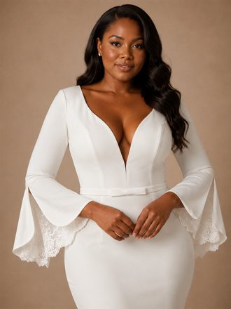 ChicSew Sexy V-Neck Mermaid Crepe Long Flutter Sleeves Maxi Wedding Dress