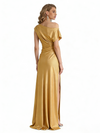 Sexy Asymmetric Silky Satin Side Slit Mermaid Ruched Long Formal Evening Dresses