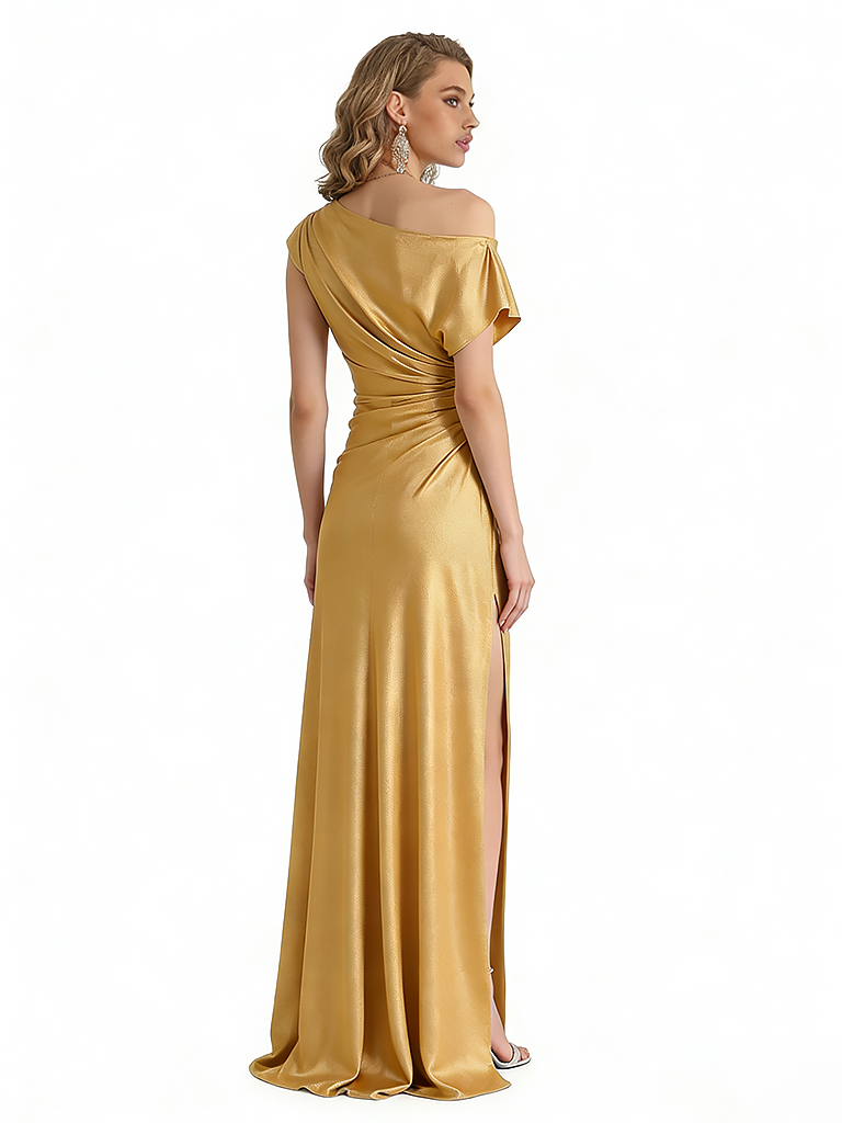 Sexy Asymmetric Silky Satin Side Slit Mermaid Ruched Long Formal Evening Dresses