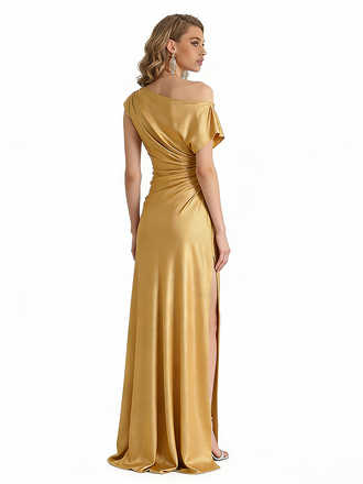 Sexy Asymmetric Silky Satin Side Slit Mermaid Ruched Long Formal Evening Dresses