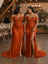 ChicSew Elegant Off Shoulder Mermaid Soft Satin Long Bridesmaid Dresses With Lace Applique
