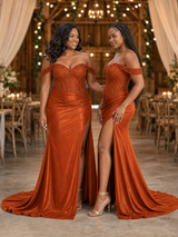 ChicSew Elegant Off Shoulder Mermaid Soft Satin Long Bridesmaid Dresses With Lace Applique