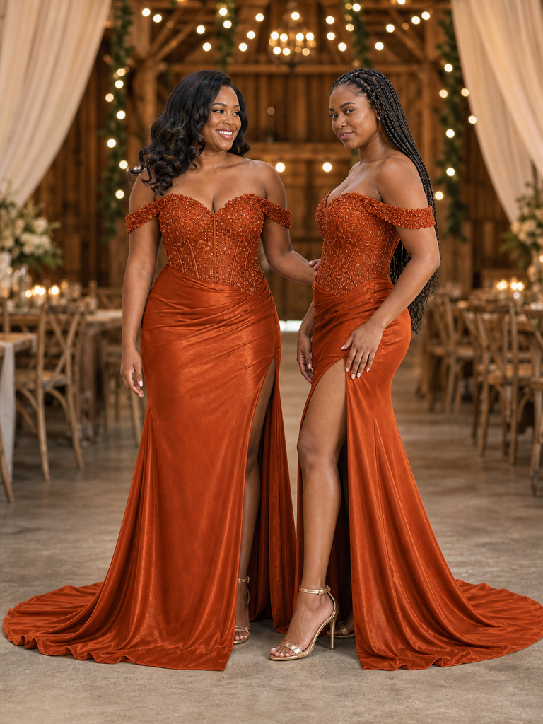 ChicSew Elegant Off Shoulder Mermaid Soft Satin Long Bridesmaid Dresses With Lace Applique