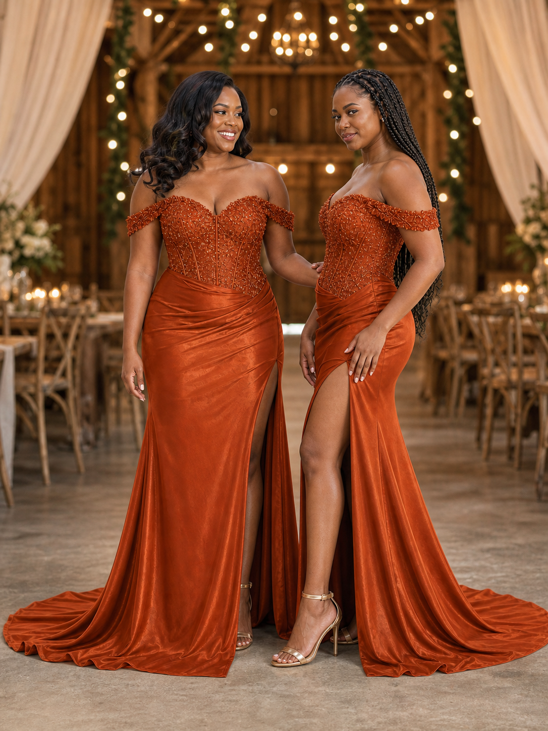 ChicSew Elegant Off Shoulder Mermaid Soft Satin Long Bridesmaid Dresses With Lace Applique