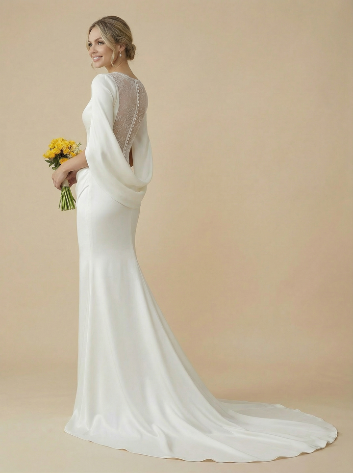 Mermaid Jewel Ruched Maxi Long Satin And Lace Wedding Dresses With Train