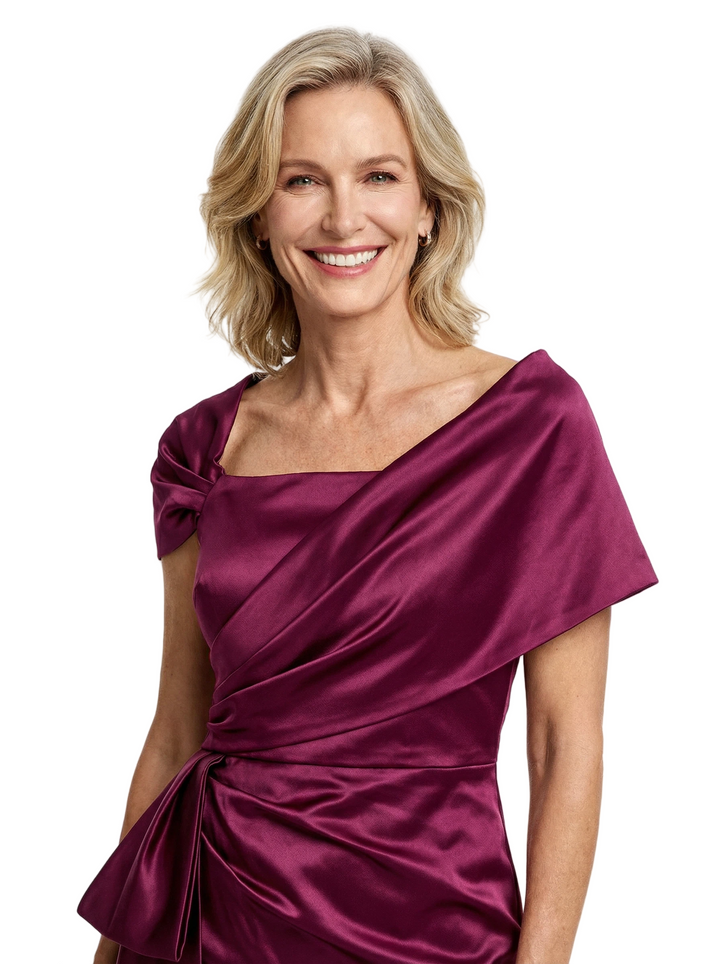 Chic Cape Neckline Satin Knee-Length Mother Of The Groom Dress Ruched Sheath