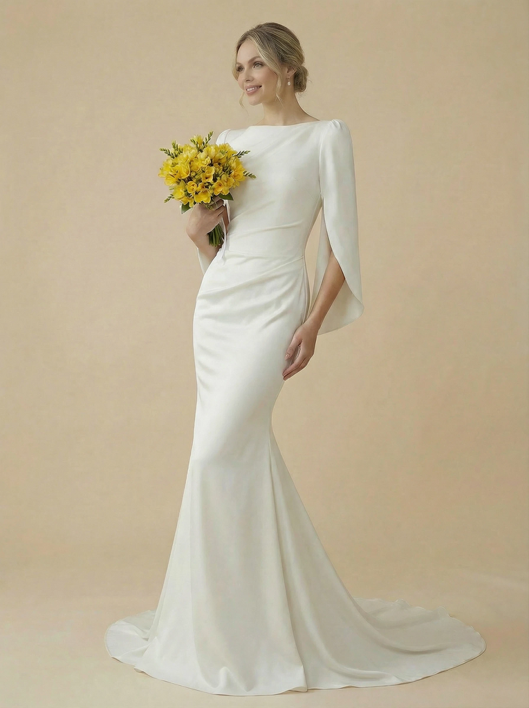 Mermaid Jewel Ruched Maxi Long Satin And Lace Wedding Dresses With Train