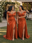 ChicSew Elegant Off Shoulder Ruched Mermaid Soft Satin Long Bridesmaid Dresses With Side Slit
