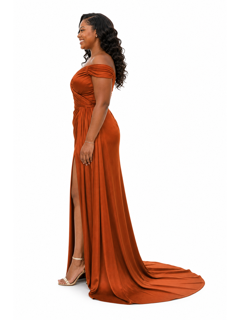 ChicSew Elegant Off Shoulder Ruched Mermaid Soft Satin Long Bridesmaid Dresses With Side Slit