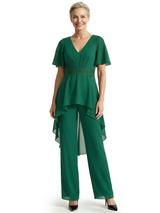 Unique V-Neck Chiffon Mother Of The Bride PantSuit With Flutter Sleeves