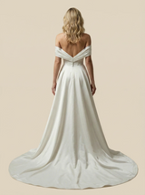 A-Line Off The Shoulder Boning Side Slit Maxi Long Satin Wedding Dresses With Detachable Skirt