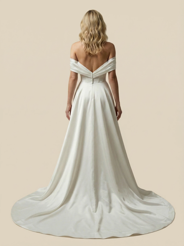 A-Line Off The Shoulder Boning Side Slit Maxi Long Satin Wedding Dresses With Train