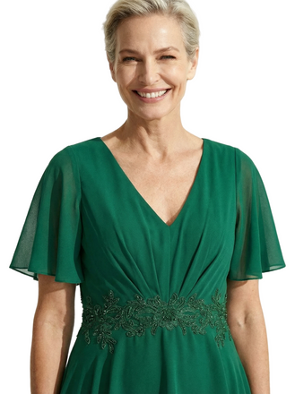 Unique V-Neck Chiffon Mother Of The Bride PantSuit With Flutter Sleeves