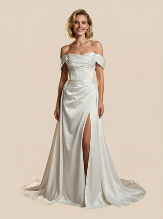 A-Line Off The Shoulder Boning Side Slit Maxi Long Satin Wedding Dresses With Train