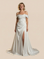 A-Line Off The Shoulder Boning Side Slit Maxi Long Satin Wedding Dresses With Train