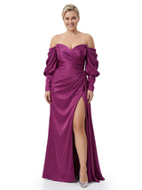 Elegant Off The Shoulder Long Sleeves Satin Mother Of The Bride Gown With Side Slit