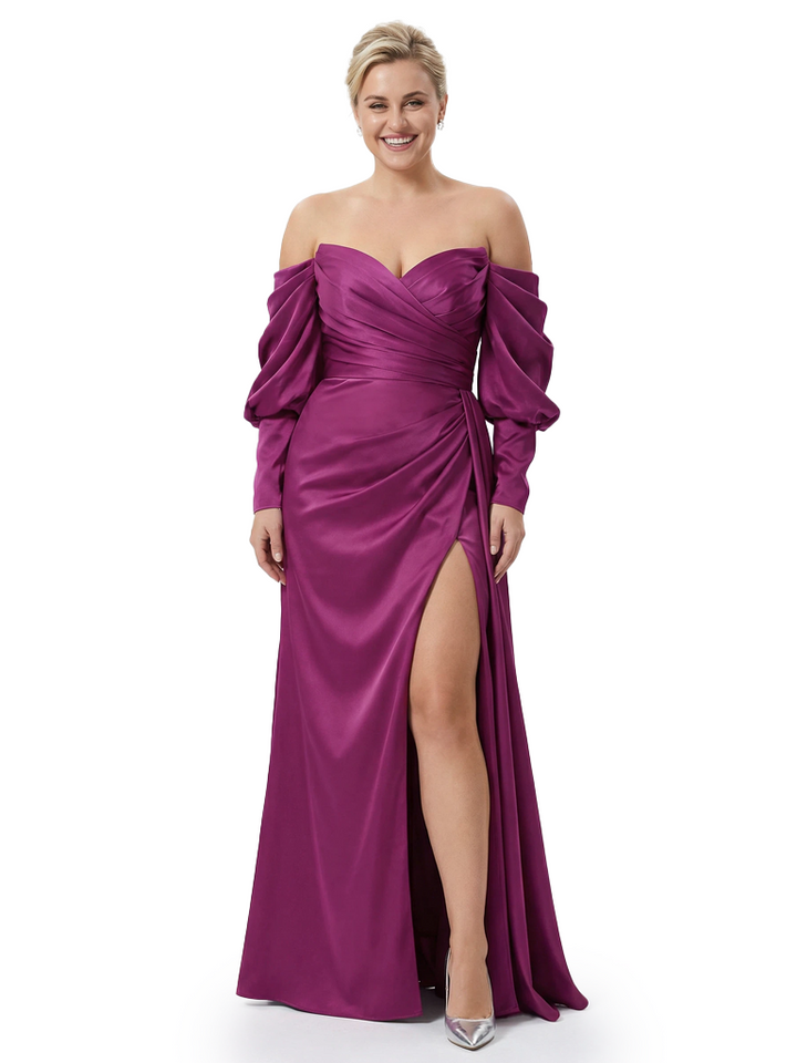 Elegant Off The Shoulder Long Sleeves Satin Mother Of The Bride Gown With Side Slit