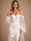 ChicSew Sexy Sweetheart Satin Ruched Mermaid Side Slit Floor-Length Wedding Dress With Tulle Sleeves