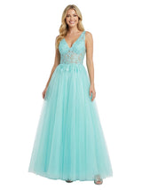 Elegant V-Neck A-line Lace Applique Corset Long Evening Prom Dresses