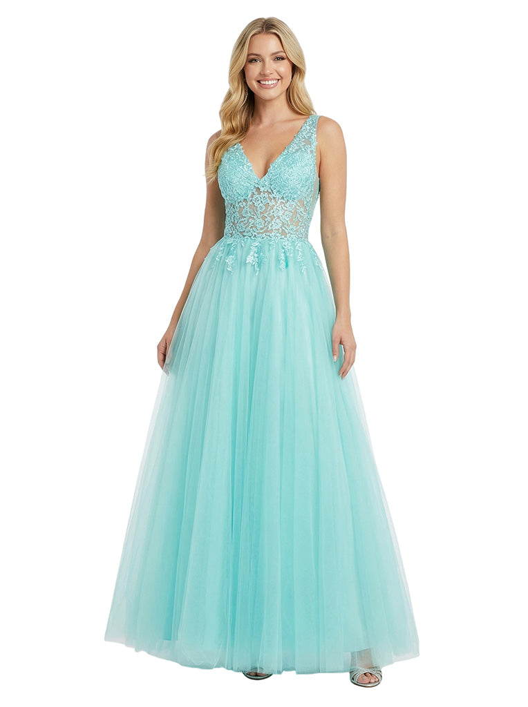 Elegant V-Neck A-line Lace Applique Corset Long Evening Prom Dresses