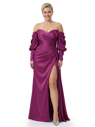 Elegant Off The Shoulder Long Sleeves Satin Mother Of The Bride Gown With Side Slit