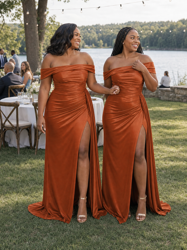ChicSew Elegant Off Shoulder Ruched Side Slit Mermaid Soft Satin Long Bridesmaid Dresses