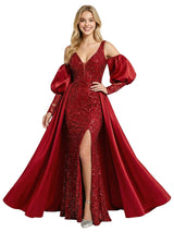 Gorgeous V-Neck Long Sleeves Satin Sequin Mermaid Prom Gown Overskirt