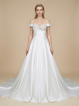 A-line Off Shoulder Ruched Maxi Long Satin Wedding Dresses Online