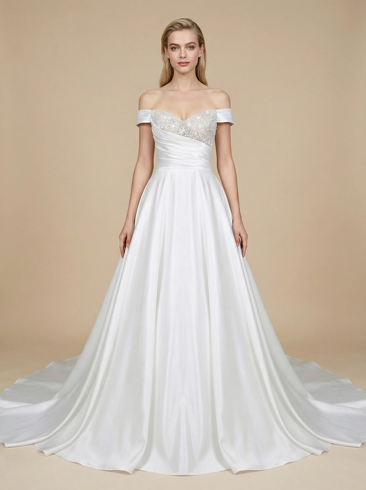 A-line Off Shoulder Ruched Maxi Long Satin Wedding Dresses Online