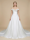 A-line Off Shoulder Ruching Maxi Long Satin Wedding Dresses Online