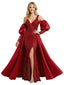 Gorgeous V-Neck Long Sleeves Satin Lace Applique Mermaid Prom Gown