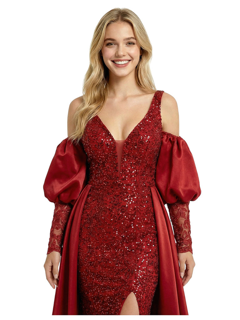 Gorgeous V-Neck Long Sleeves Satin Sequin Mermaid Prom Gown Overskirt
