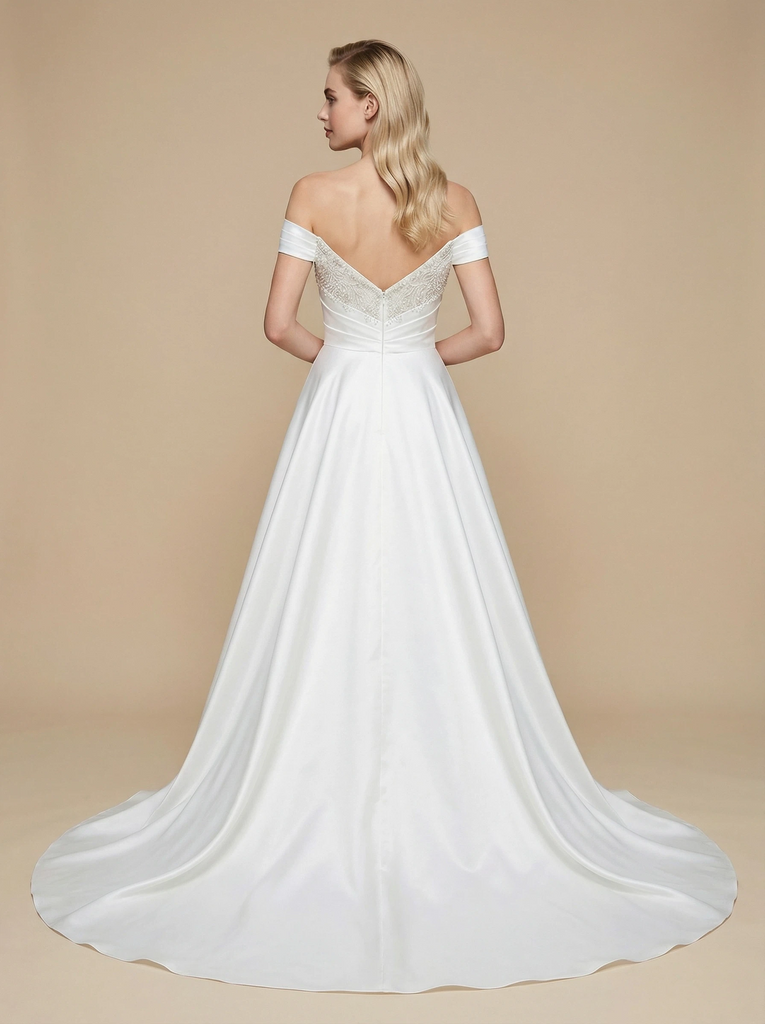 A-line Off Shoulder Ruching Maxi Long Satin Wedding Dresses Online