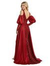 Gorgeous V-Neck Long Sleeves Satin Lace Applique Mermaid Prom Gown