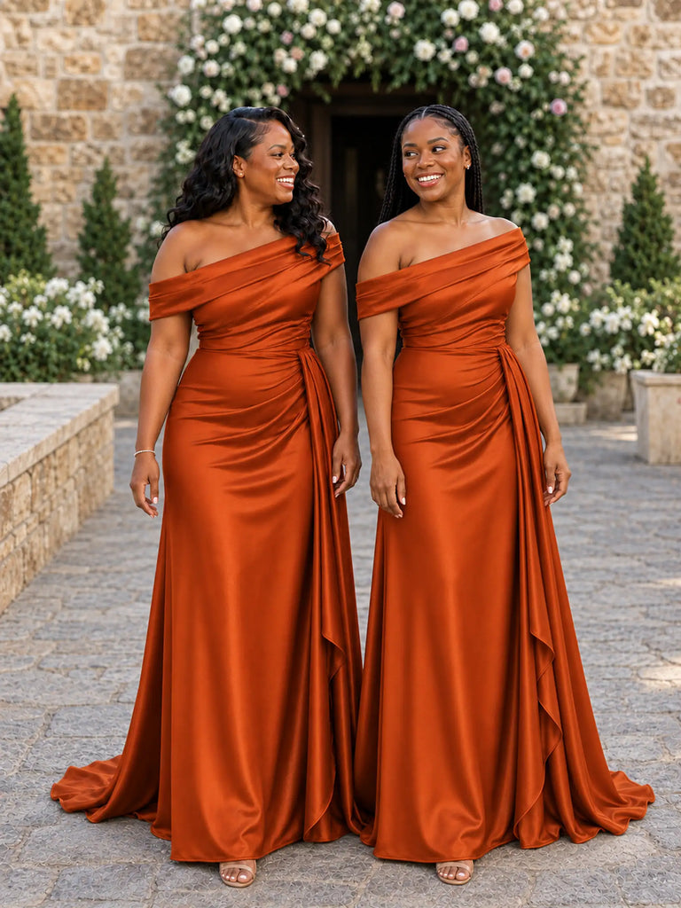 ChicSew Off Shoulder Ruched Soft Satin Maxi Mermaid Long Bridesmaid Dresses