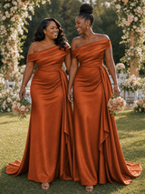 ChicSew Off Shoulder Ruched Soft Satin Maxi Mermaid Long Bridesmaid Dresses