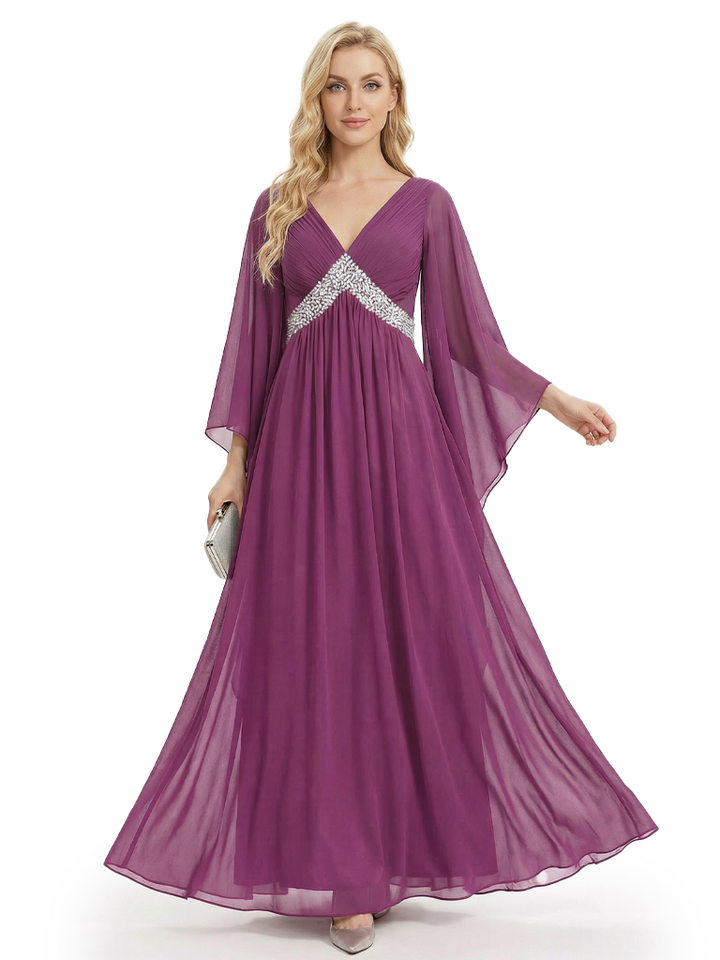 Graceful Empire Waist Mother Of The Bride Dress Chiffon V-Neck Flutter Sleeve Maxi Gown