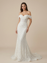Mermaid Off Shoulder Boning Maxi Long Sequin Wedding Dresses Online With Train