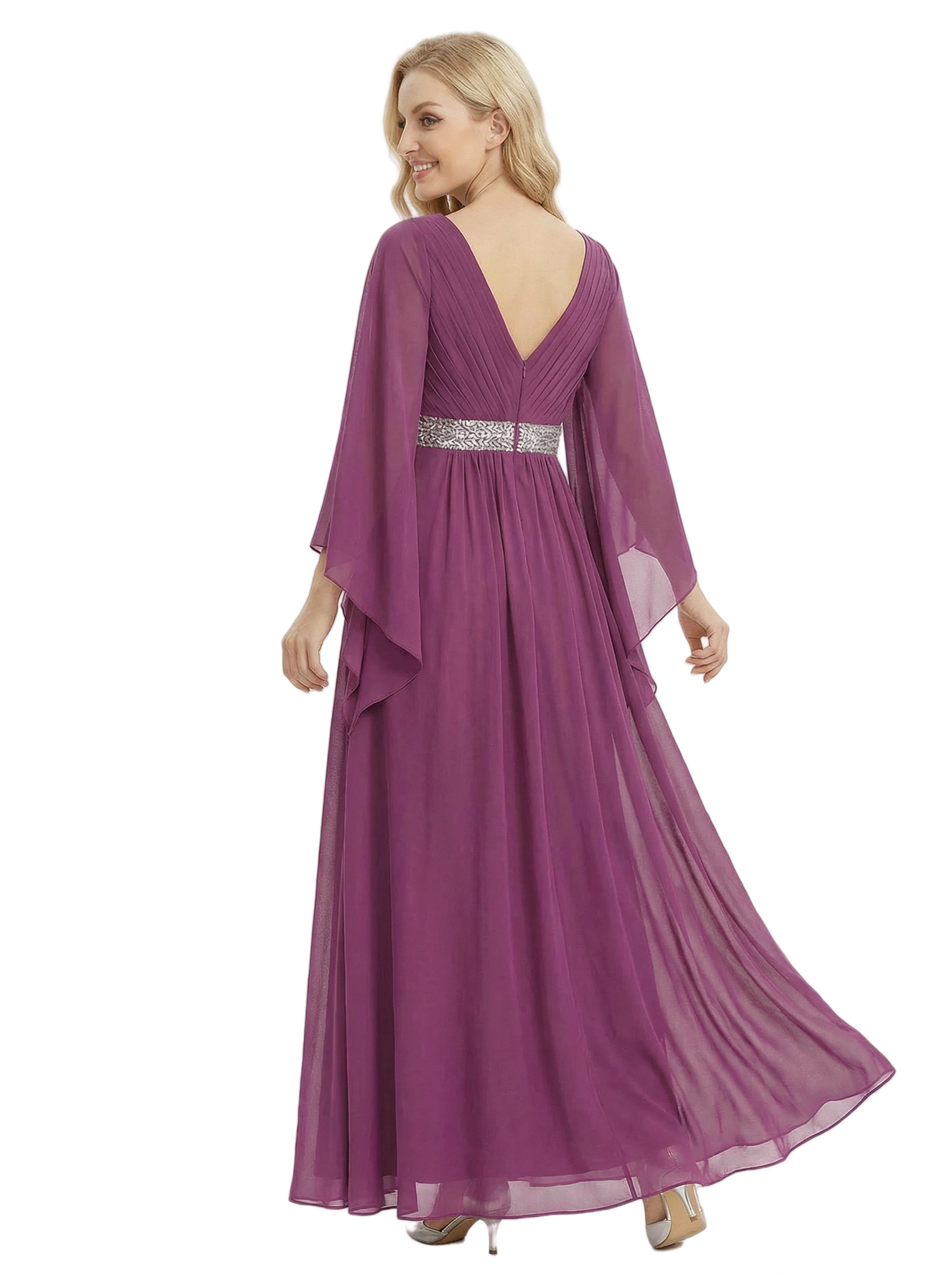 Graceful Empire Waist Mother Of The Bride Dress Chiffon V-Neck Flutter Sleeve Maxi Gown