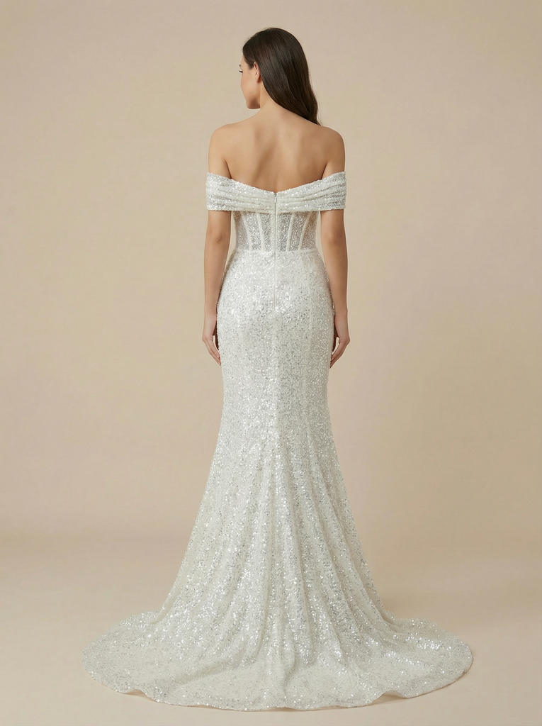 Mermaid Off Shoulder Boning Maxi Long Sequin Wedding Dresses Online With Train