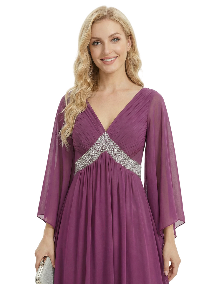 Graceful Empire Waist Mother Of The Bride Dress Chiffon V-Neck Flutter Sleeve Maxi Gown