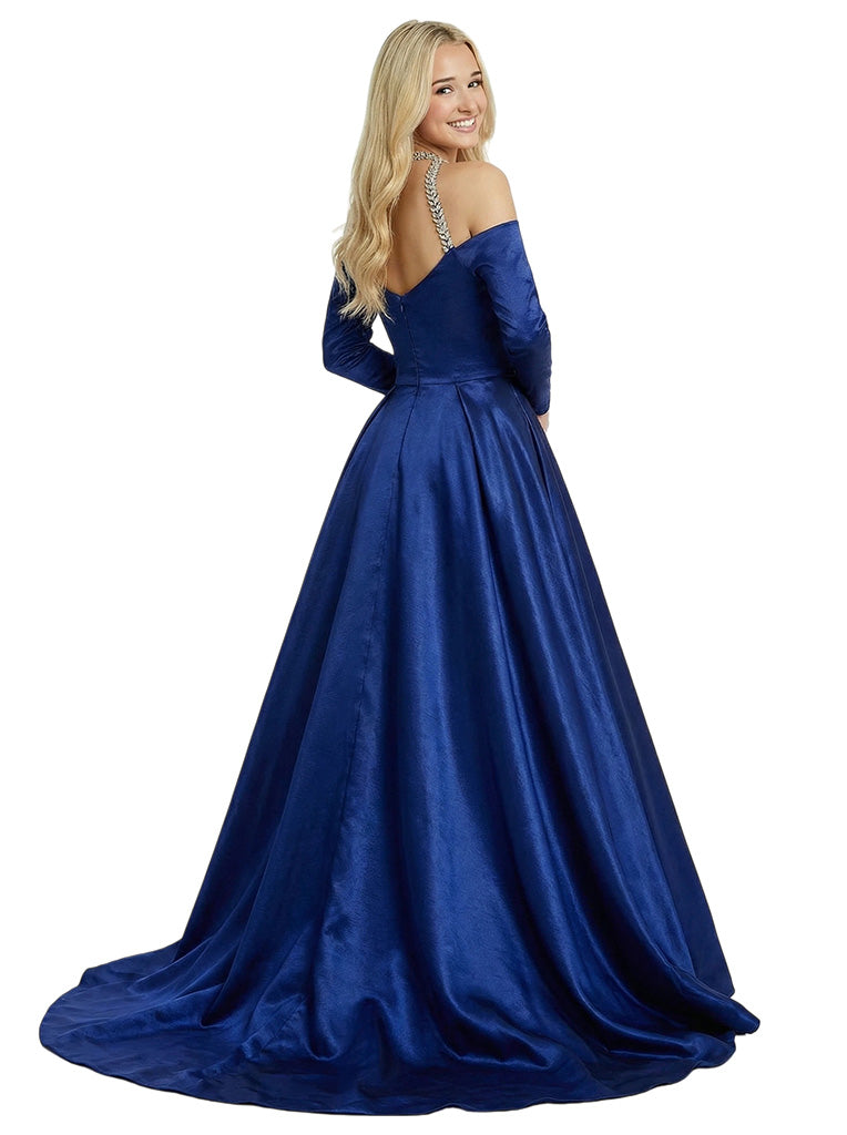 Elegant Long Sleeves Ruched Rhinestone A-Line Satin Maxi Prom Dress With Train