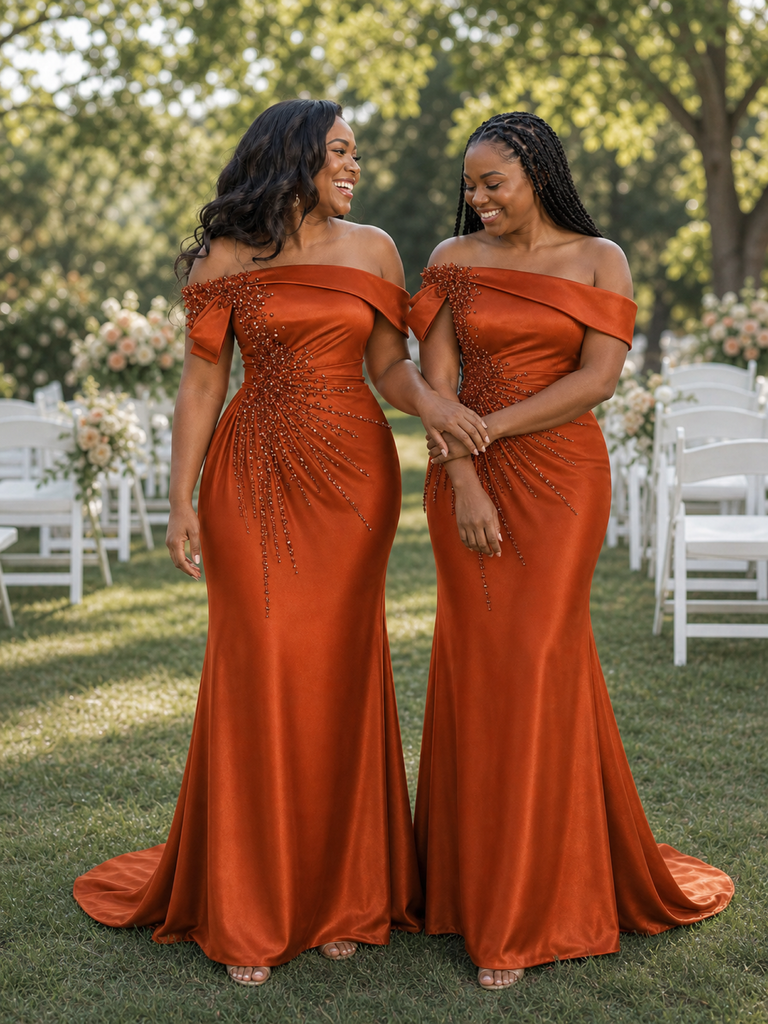 ChicSew Elegant Off Shoulder Soft Satin Long Mermaid Bridesmaid Dresses With Beading