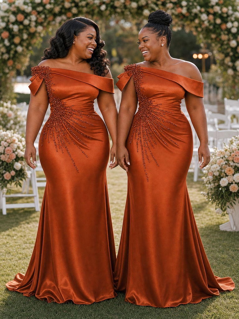 ChicSew Elegant Off Shoulder Soft Satin Long Mermaid Bridesmaid Dresses With Beading