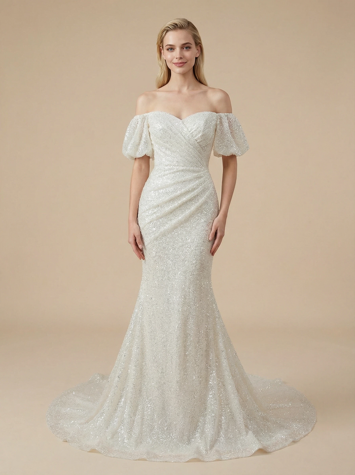Sparkly Mermaid Off Shoulder Ruching Maxi Long Sequin Wedding Dresses Online
